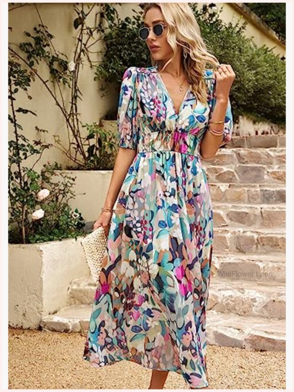 Boho Midi Dress V-Neck Puff Sleeve Flowy Beach Party Tropical Vacation - Picture 4 of 6